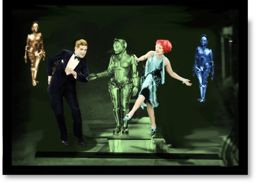 Valentino and Lulu dance with angel-bots, by Teagan R. Geneviene